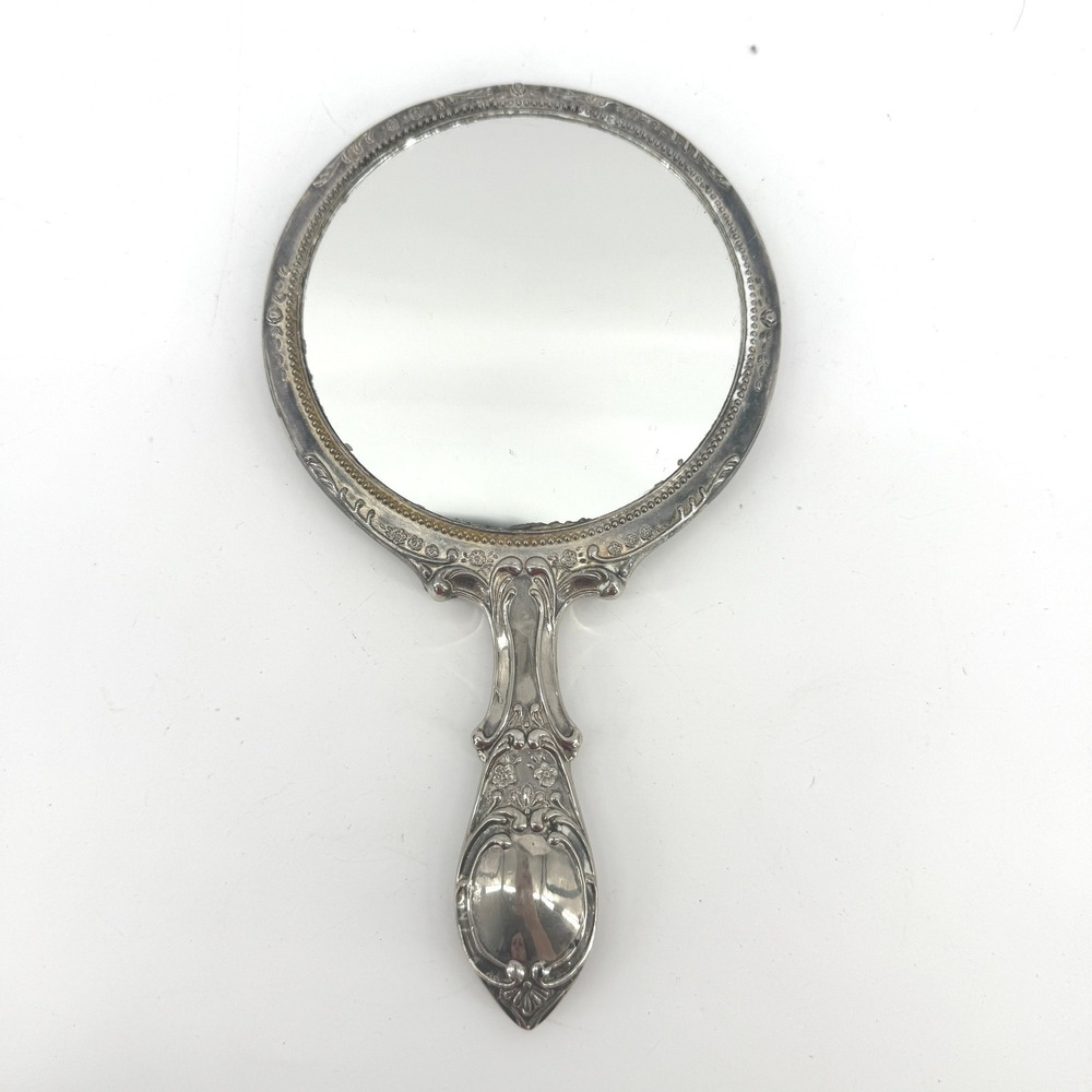 Vintage Hand Mirror Women OS Silver Ornate Floral Repousse Victorian Style